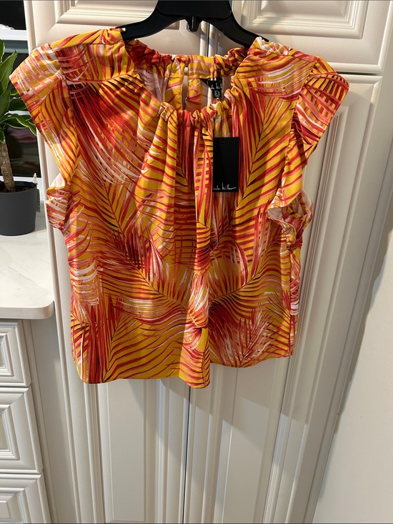 Nicole Miller Tops - Nicole Miller Yellow & Red Tropical Print Ruffle Sleeve Blouse